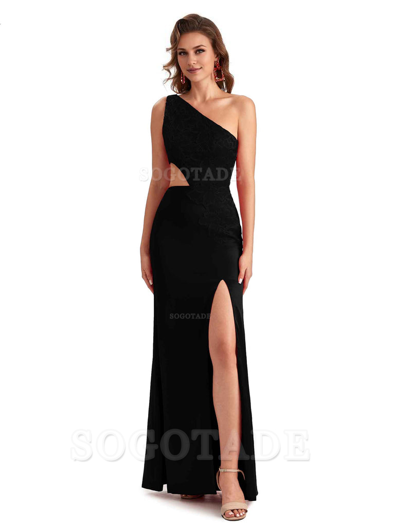Sexy Side Slit Mermaid Lace Silky Satin One Shoulder Chic Long Bridesmaid Dresses