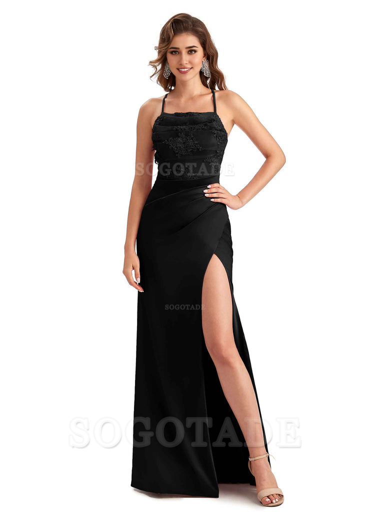 Sexy Side Slit Mermaid Lace Silky Satin Long Wedding Day Guest Dresses