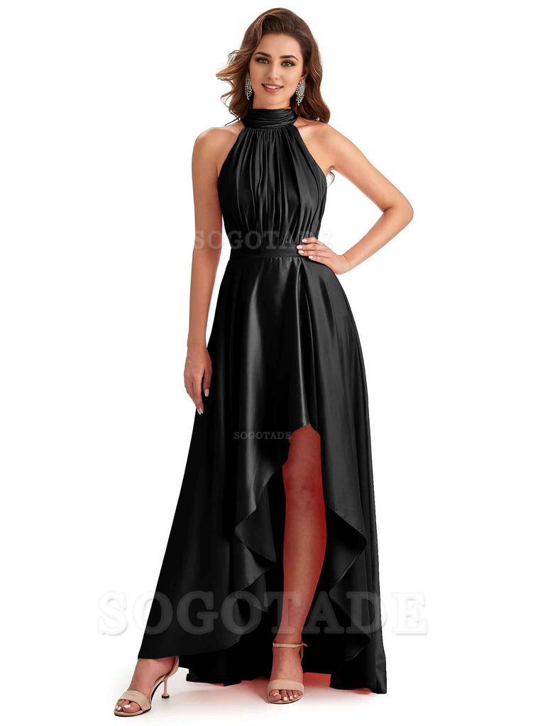 Soft Satin High Neck High Low A-Line Unique Bridesmaid Dresses Online