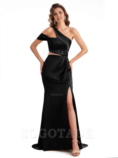 Sexy Side Slit Mermaid Soft Satin One Shoulder Long Unique Bridesmaid Dresses