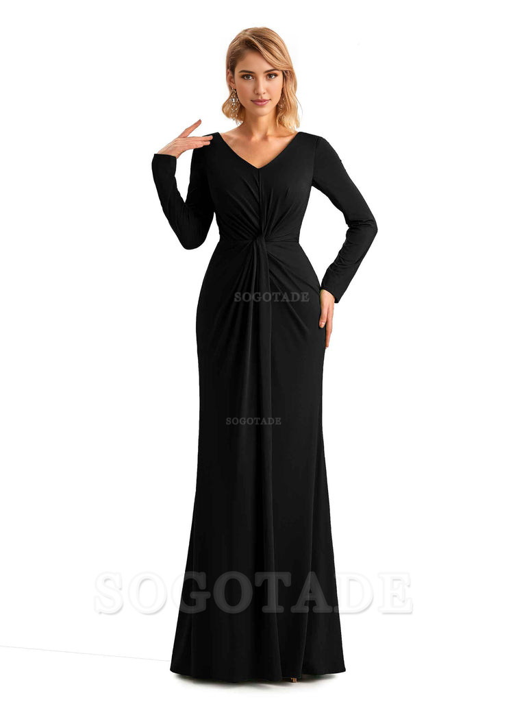 Elegant Simple Mermaid Pleats V-neck Long-Sleeves Floor Length Long Formal Bridesmaid Dresses