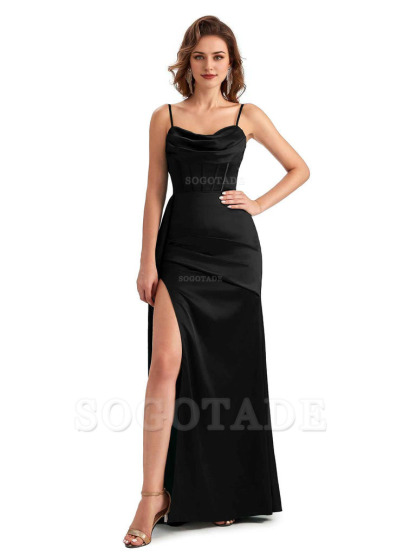 Sexy Side Slit Mermaid Silky Satin Spaghetti Straps Unique Wedding Guest Dresses