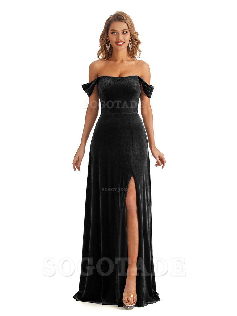 Elegant Mermaid Off The Shoulder Unique Velvet Side Slit Backless Long Bridesmaid Dresses Formal Wear Dresses