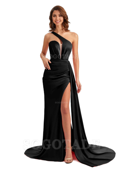 Mermaid One Shoulder Satin formal dresses evening gown Bridesmaid Dresses With Side Slit