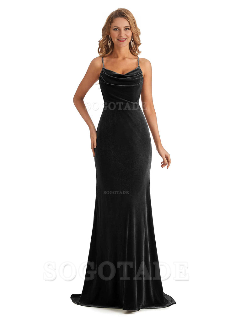 Elegant High Quality Mermaid Spaghetti Straps Cowl Velvet Side Slit Long Exquisite Bridesmaid Dresses Formal Women's Dresses Wedding Guests Dresses