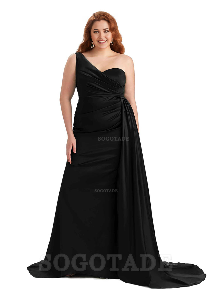 Sexy One Shoulder Sleeveless Mermaid Soft Satin Long Plus Size With Train Bridesmaid Gowns