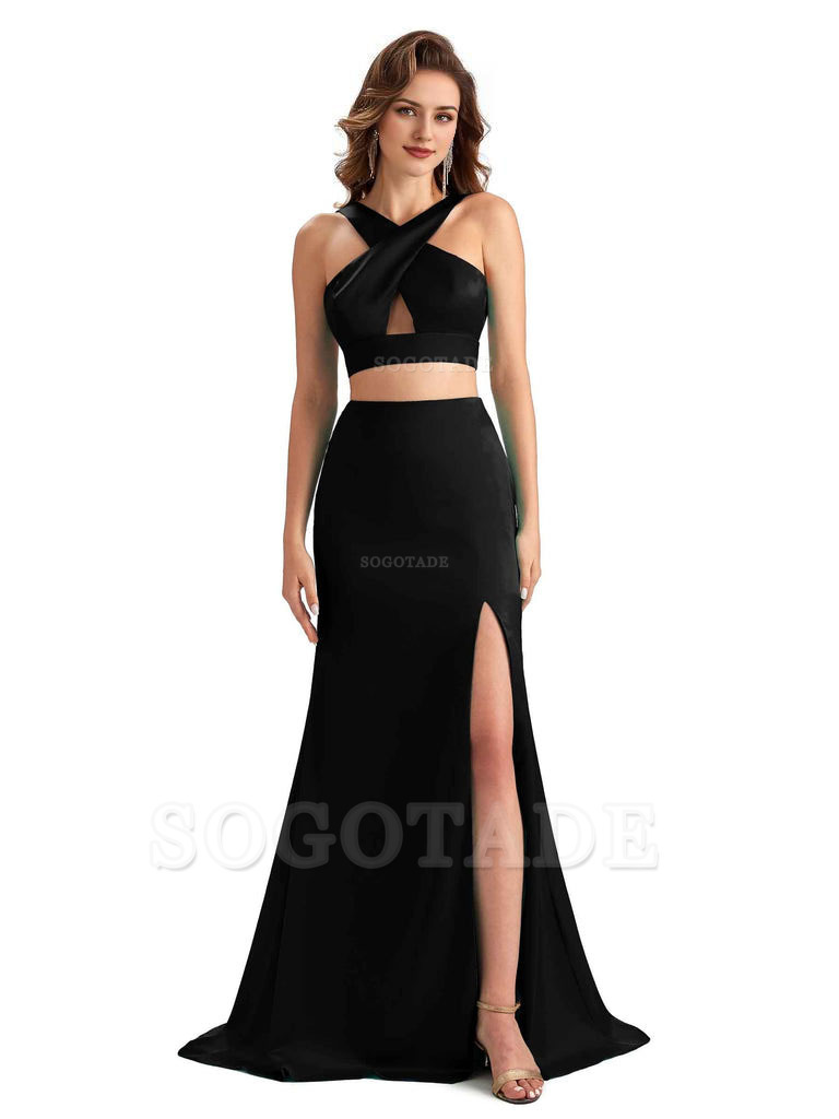 Sexy Side Slit Mermaid Silky Satin Halter Two Pieces Unique Long Bridesmaid Dresses