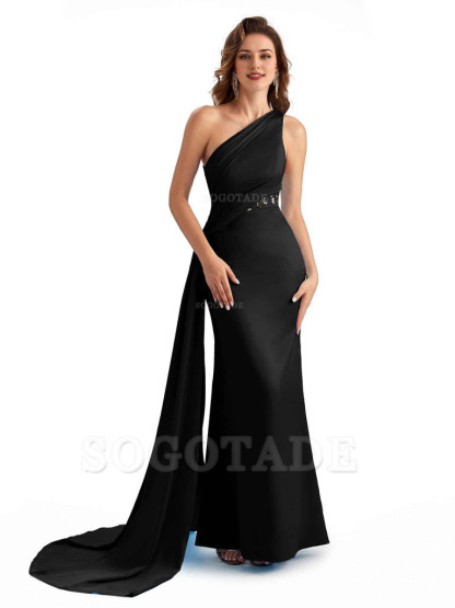 Sexy Mermaid Silky Satin One Shoulder Lace See Through Long Bridesmaid Dresses Online