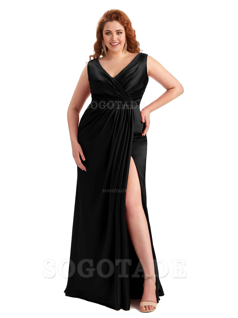 Mermaid V-Neck Satin formal dresses evening gown Bridesmaid Dresses With Side Slit 