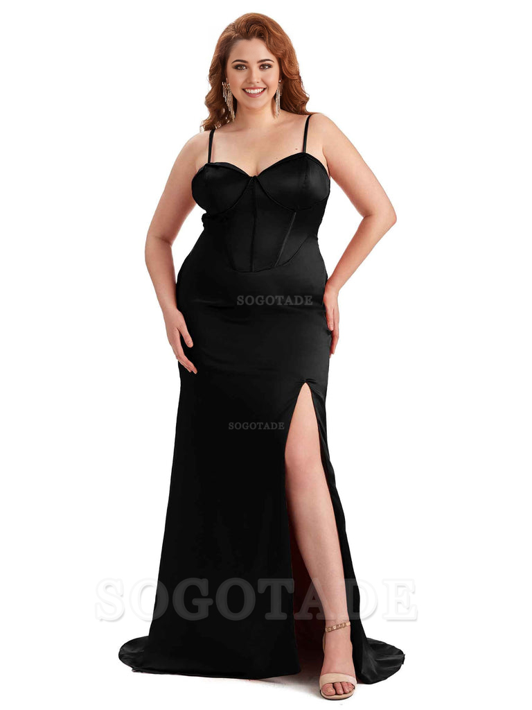 Sexy Spaghetti Straps Side Slit Sleeveless Mermaid Soft Satin Long Bridesmaid Dress Plus Size Dress To Wear to a Wedding