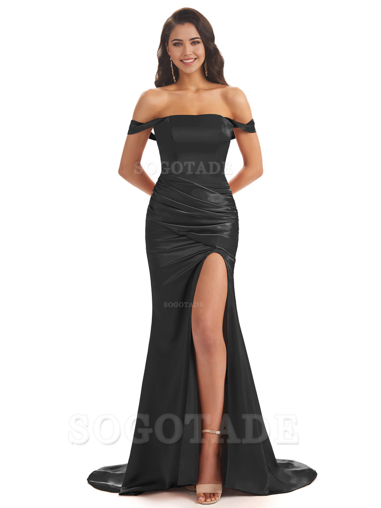Mermaid Off Shoulder Floor-Length Satin formal dresses evening gown Bridesmaid Dresses With Side Slit 