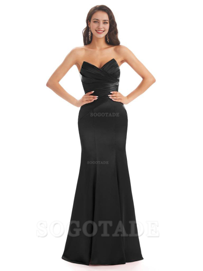 Simple Strapless Sweetheart Soft Satin Mermaid Long Bridesmaid Dresses prom shop dresses