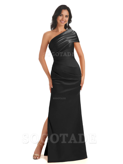 Mermaid One Shoulder Satin Long formal dresses evening gown Bridesmaid Dresses With Side Slit 