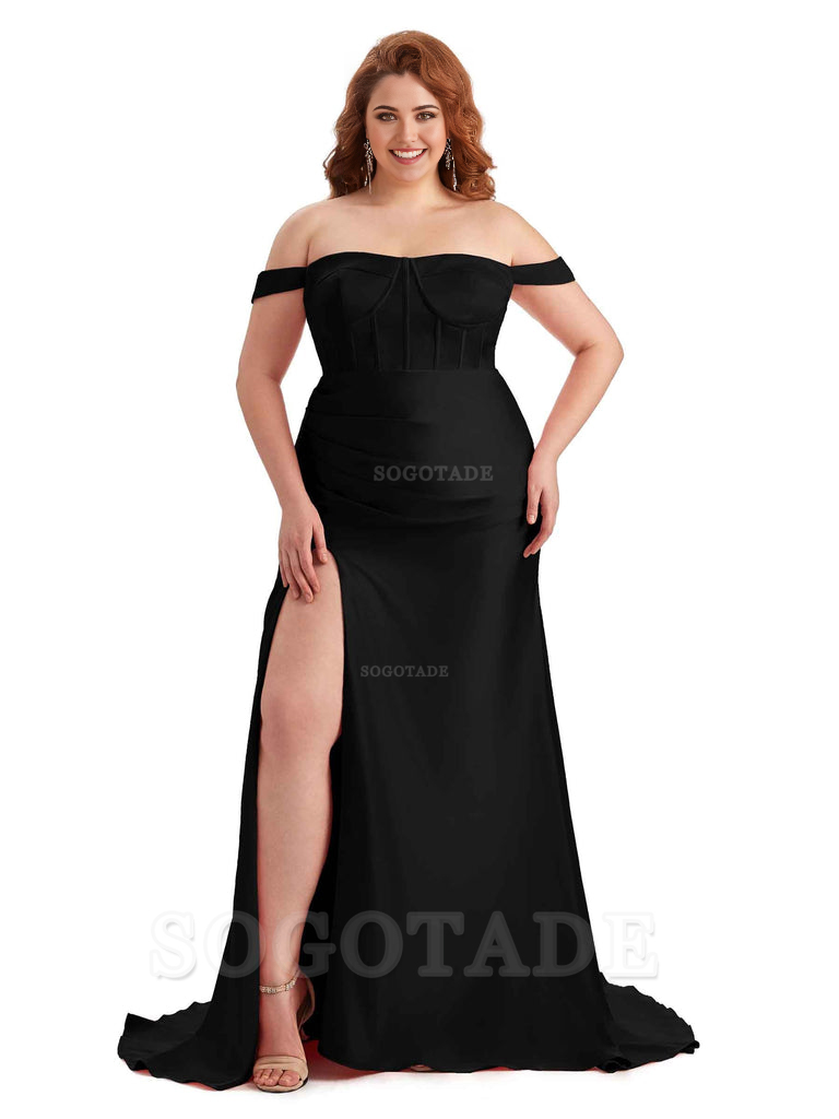 Elegant Off The Shoulder Side Slit Mermaid Soft Satin Floor Length Long Plus Size Bridesmaid Gowns