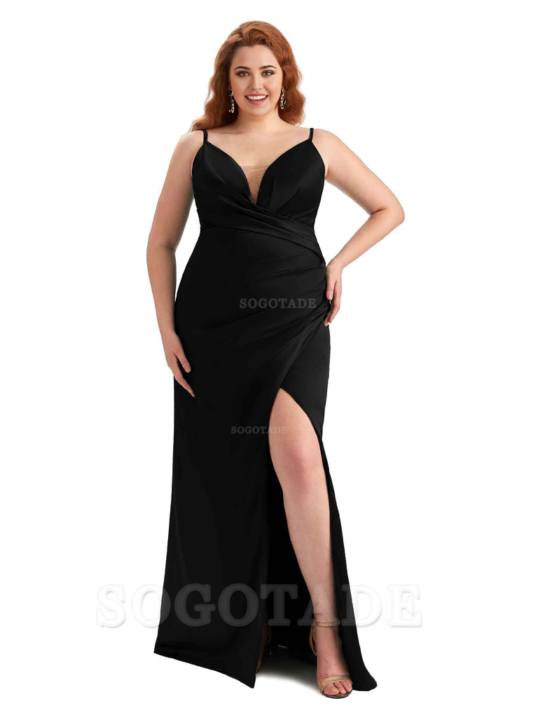 Sexy Side Slit Spaghetti Straps Sleeveless Mermaid V-neck Soft Satin Long Plus Size Bridesmaid Dress For Wedding