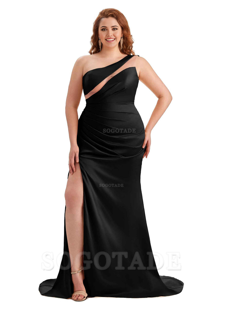 Sexy Unique Sleeveless One Shoulder Side Hight Slit Mermaid Soft Satin Long Plus Size Maid of Honour Dresses