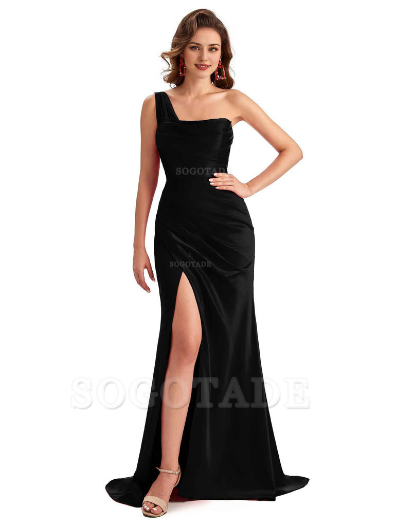Sexy One Shoulder Side Slit Silky Satin Chic Long Mermaid Trumpet Bridesmaid Dress