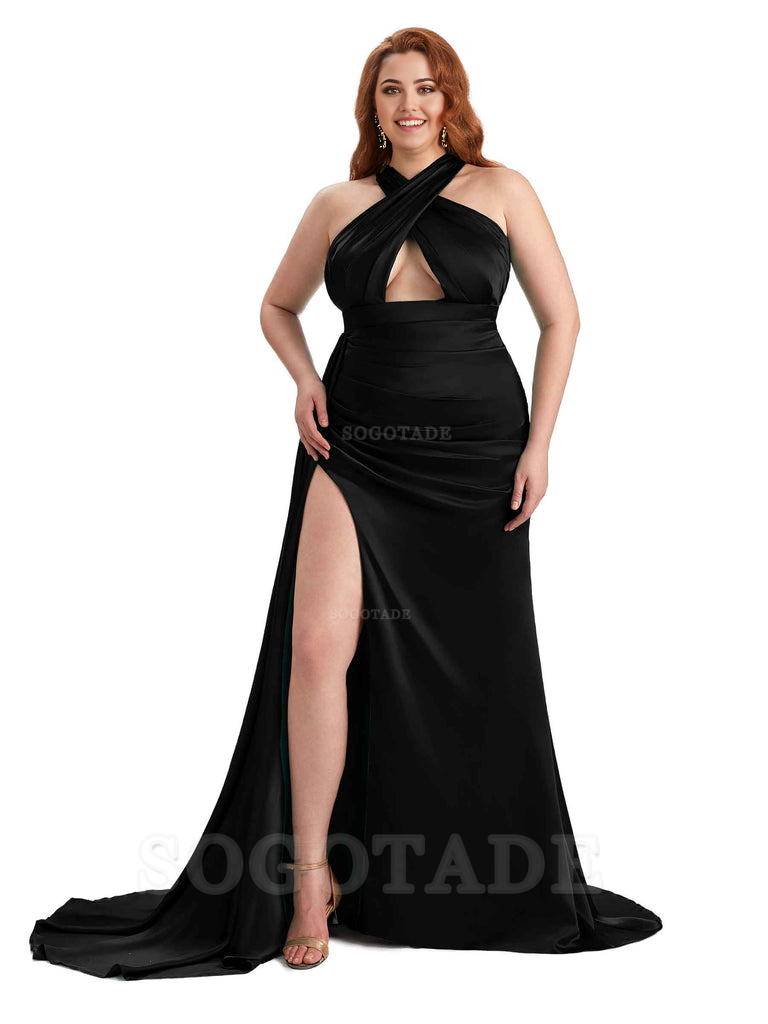 Sexy Halter Side Hight Slit Sleeveless Mermaid Soft Satin Long Plus Size Bridesmaid Dress For Wedding