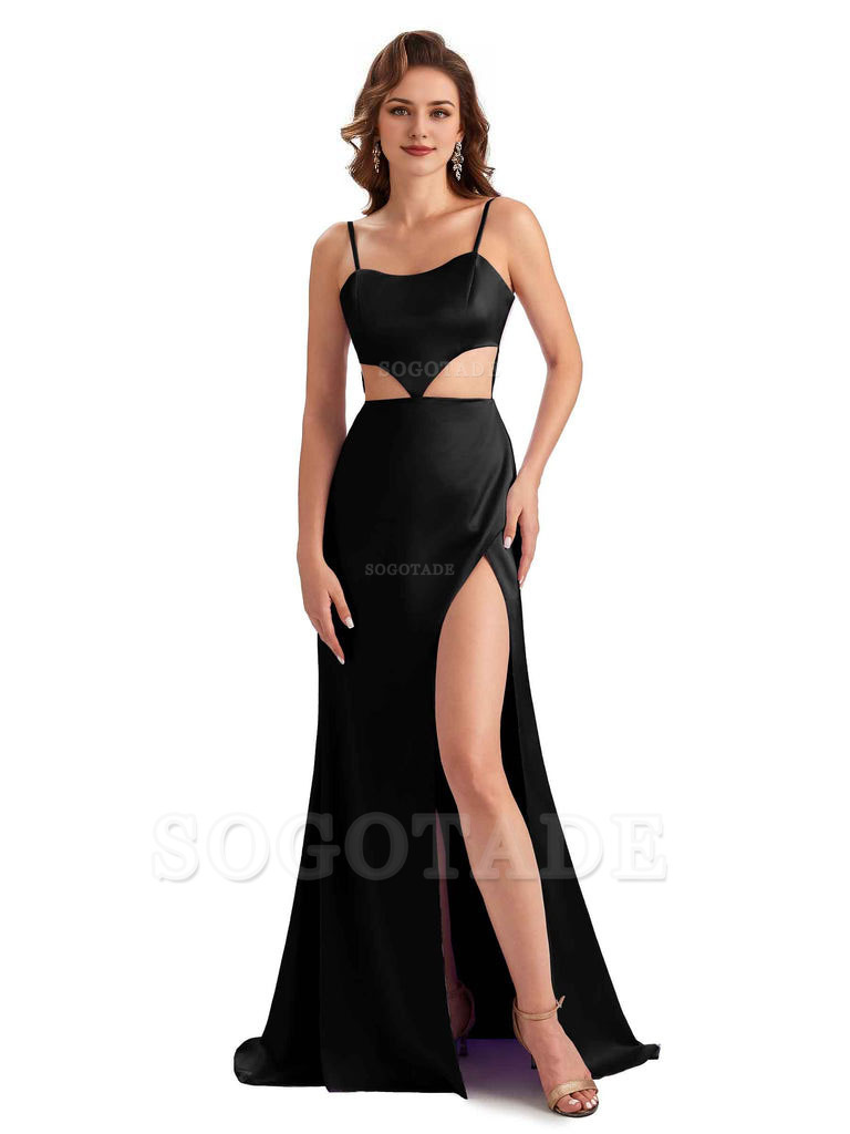 Sexy Satin Side Slit Spaghetti Straps Mermaid Long Unique Curve Wedding Guest Dresses