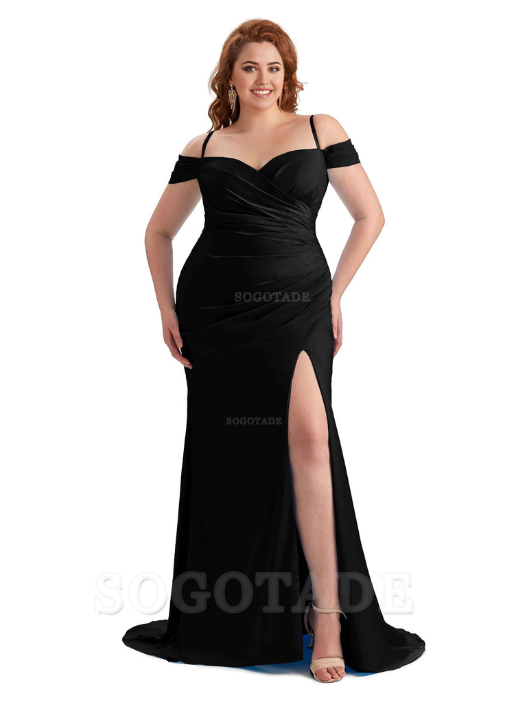 Sexy Side Slit Sleeveless Cold Shoulder Mermaid Soft Satin Long Plus Size Maid of Honor Dresses