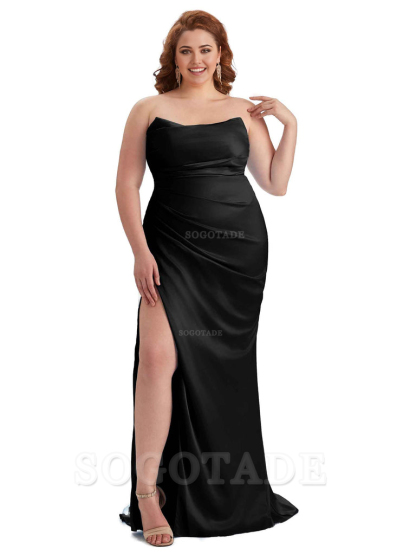 Sexy Side Slit Sleeveless Strapless Mermaid Soft Satin Long Plus Size Bridesmaid Dresses For Wedding
