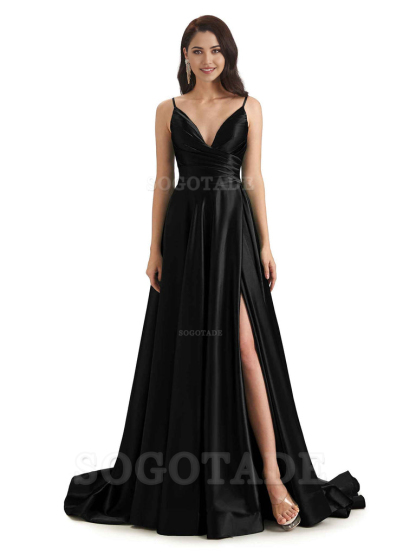 Spaghetti Straps Satin formal dresses evening gown Bridesmaid Dresses With Side Slit 