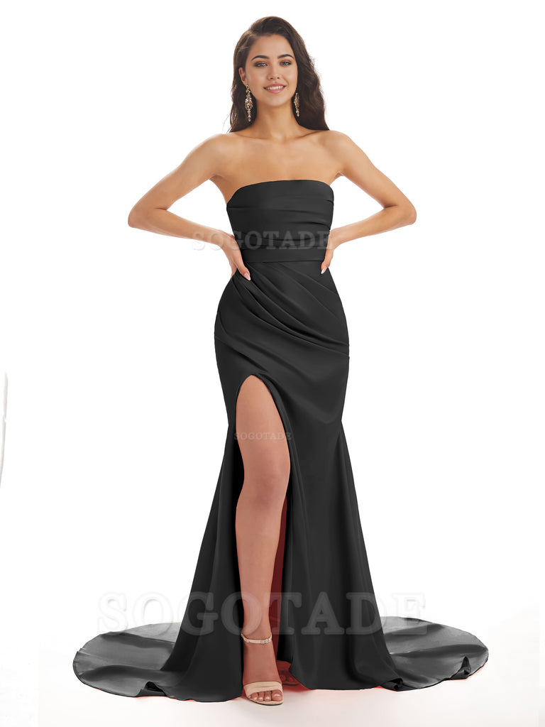 Mermaid Strapless Floor-Length Satin formal dresses evening gown Bridesmaid Dresses With Side Slit 