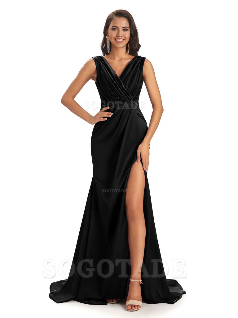 A-line V-neck Floor-Length Satin formal dresses evening gown Bridesmaid Dresses With Side Slit 