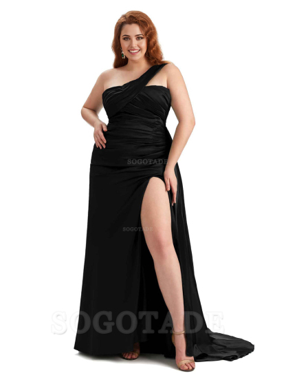 One Shoulder Sleeveless Sexy Side Hight Slit Mermaid Soft Satin Long Plus Size Bridesmaid Gowns