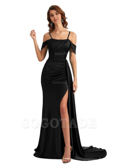Sexy Side Slit Cold Shoulder Mermaid Satin Chic Long Wedding Guest Dresses