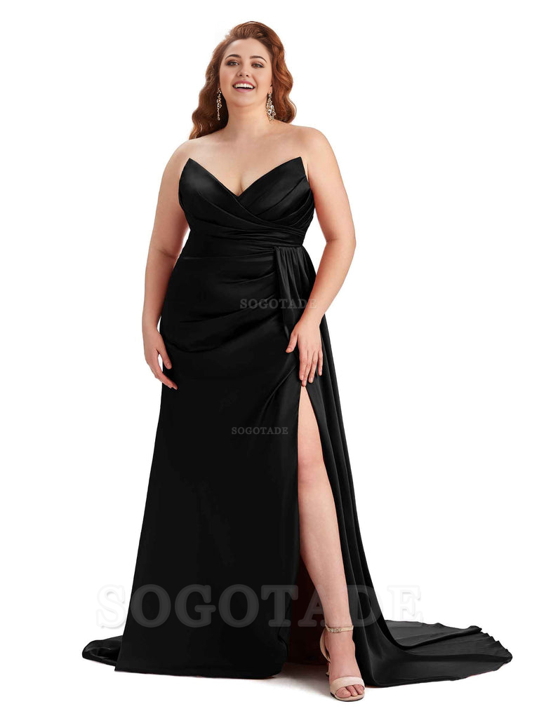 Sexy V-neck Side Slit Sleeveless Mermaid Soft Satin Long Plus Size Bridesmaid Gowns