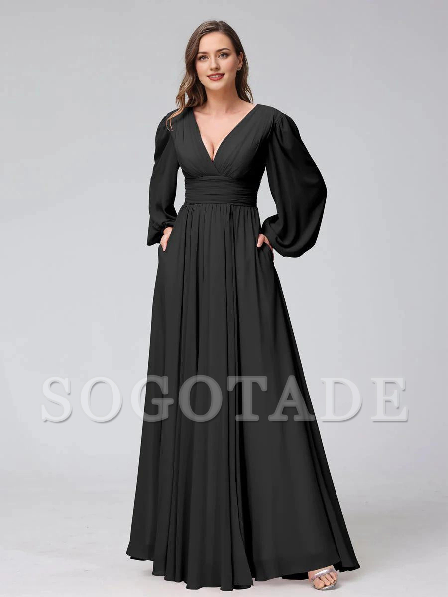 A-Line V-Neck Long Sleeves Long Chiffon Bridesmaid Dresses With Split Side Pockets