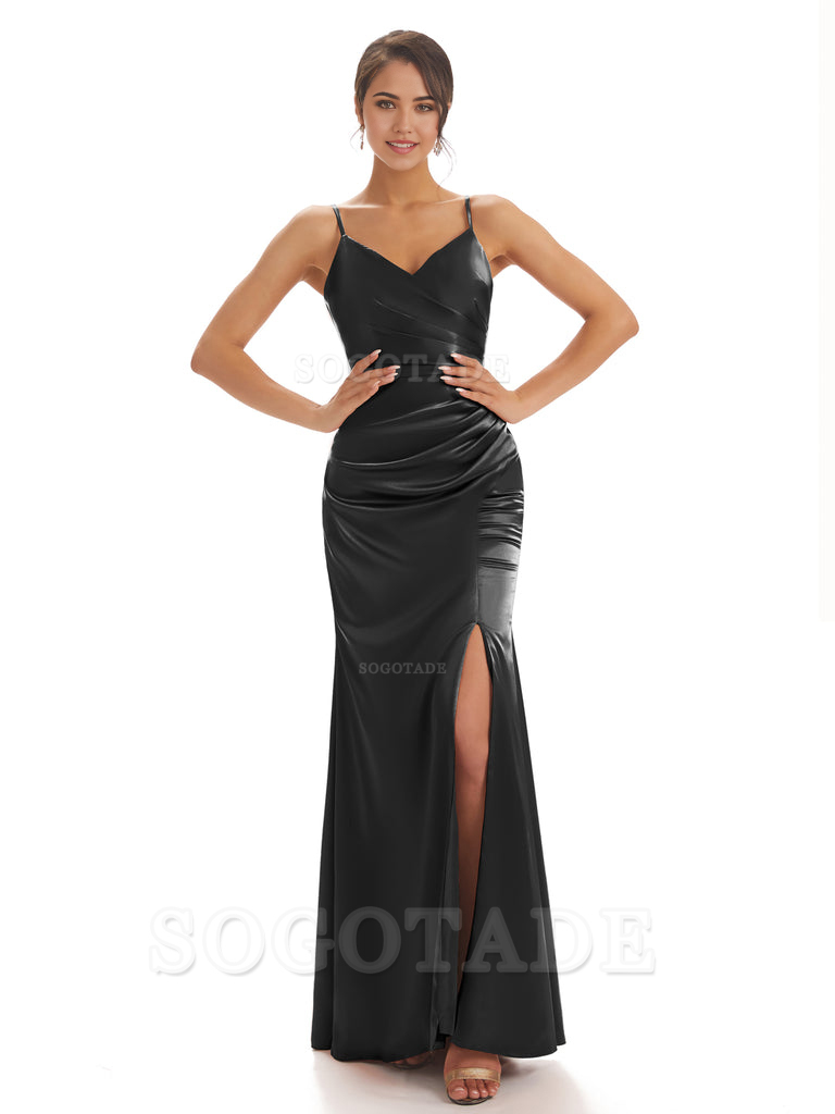 Spaghetti Straps Pleats Satin formal dresses evening gown Bridesmaid Dresses With Side Slit 