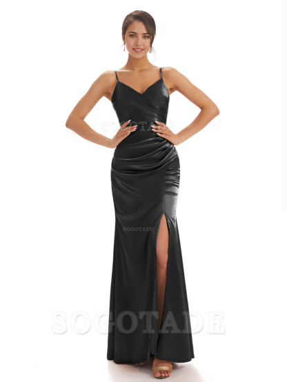 Spaghetti Straps Pleats Satin formal dresses evening gown Bridesmaid Dresses With Side Slit 