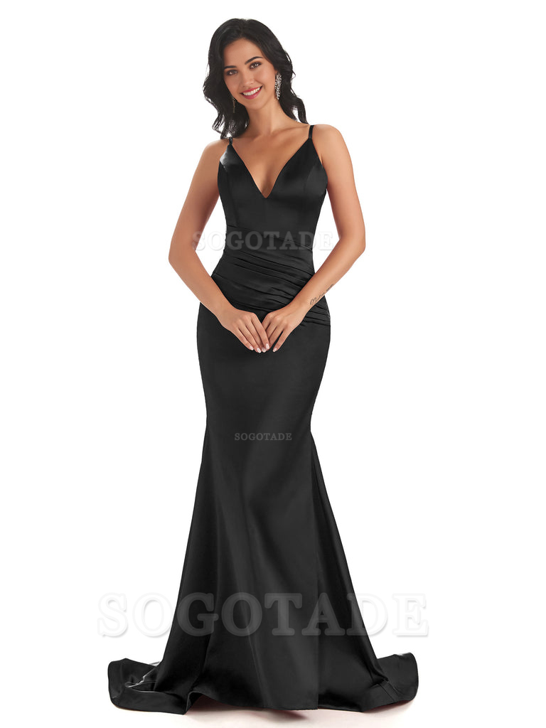 Mermaid Spaghetti V-Neck Straps Satin Long formal dresses evening gown Bridesmaid Dresses With Side Slit 