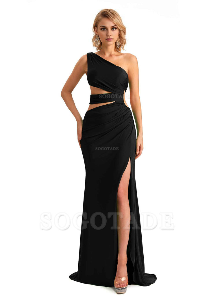 Elegant Mermaid One Shoulder Side Slit Stretchy Jersey Long Formal Bridesmaid Dresses