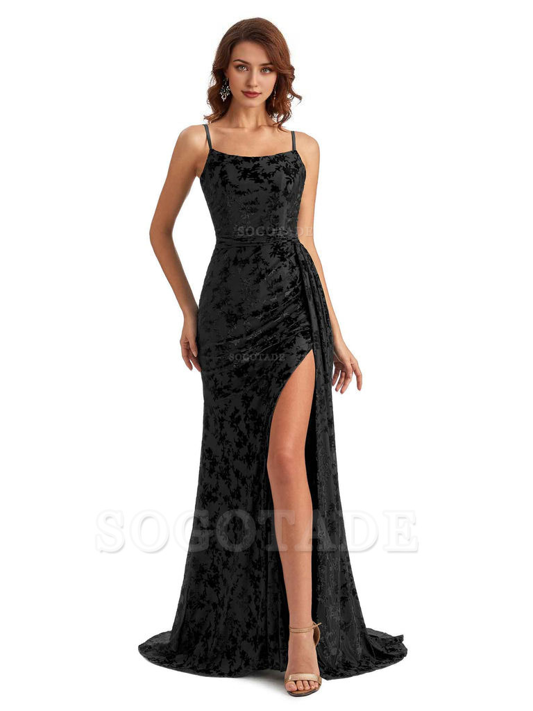 Sexy Side Slit Spaghetti Straps Mermaid Floral Velvet Long Wedding Guest Dresses