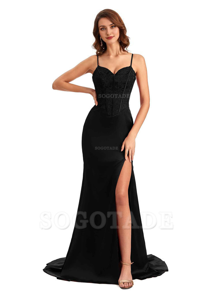 Sexy Side Slit Mermaid Silky Satin V-Neck Lace Unique Long Bridesmaid Dresses