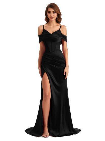 Sexy Side Slit Mermaid Silky Satin V-Neck Cold Shoulder Unique Nice Wedding Guest Dresses