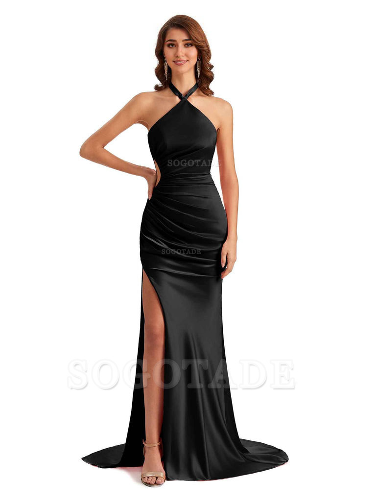 Sexy Halter Mermaid Silky Satin Unique Long Formal Wedding Guest Dresses