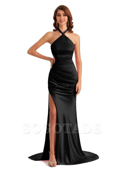 Sexy Halter Mermaid Silky Satin Unique Long Formal Wedding Guest Dresses