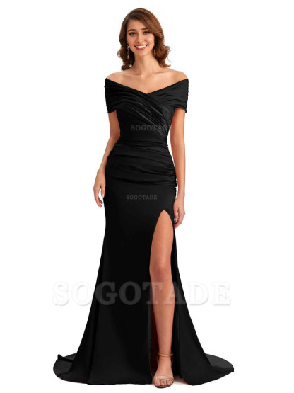 Sexy Off The Shoulder Side Slit Mermaid Satin Unique Long Formal Wedding Guest Dresses