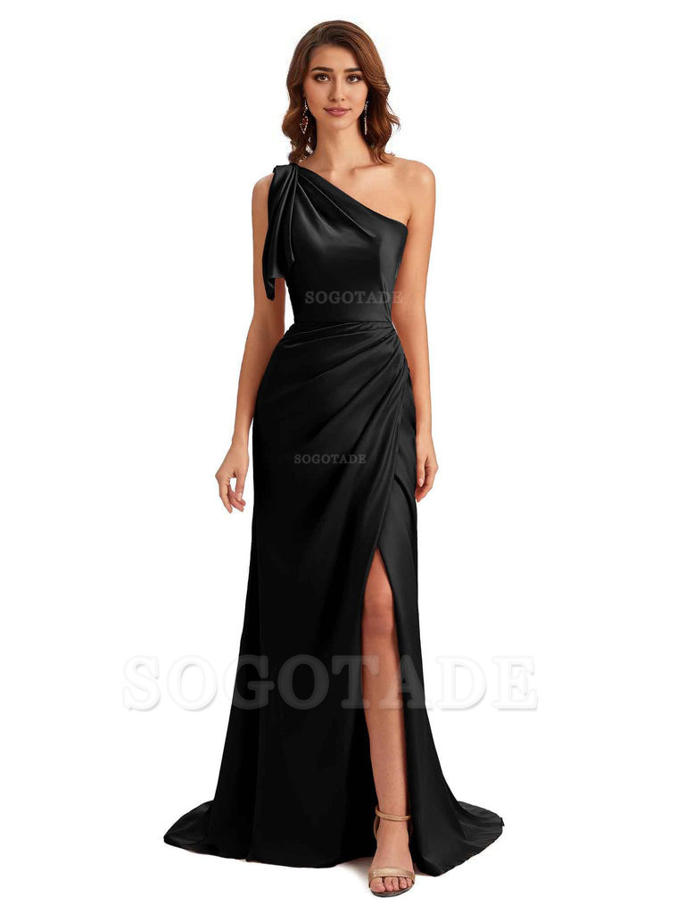 Sexy One Shoulder Mermaid Side Slit Unique Silky Satin Bridesmaid Dresses 