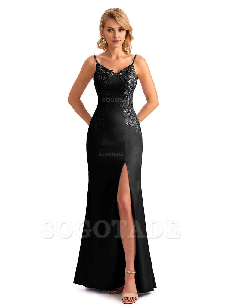 Sexy Side Split Mermaid Spaghetti Straps Soft Satin Unique Lace Long Bridesmaid Dresses
