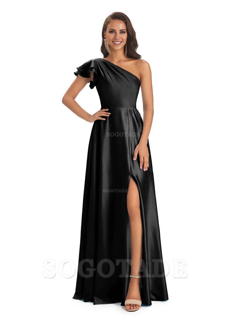 A-Line One Shoulder Ladies Long Bridesmaid Dresses Soft Satin Side Slit Elegant Evening Party Dress