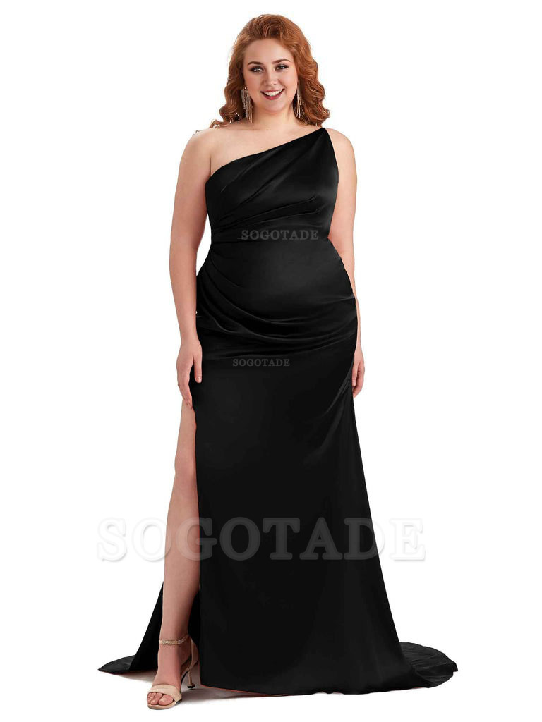 Sexy One Shoulder Side Slit Mermaid Soft Satin Long Plus Size Bridesmaid Dress For Wedding