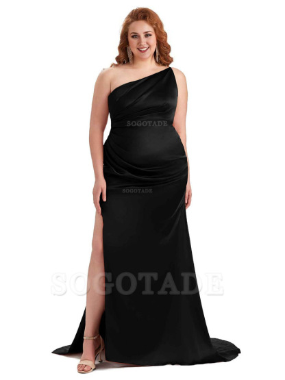 Sexy One Shoulder Side Slit Mermaid Soft Satin Long Plus Size Bridesmaid Dress For Wedding