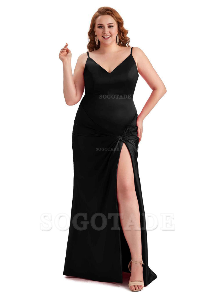 Sexy Spaghetti Straps V-neck Side Slit Mermaid Soft Satin Long Plus Size Bridesmaid Dress