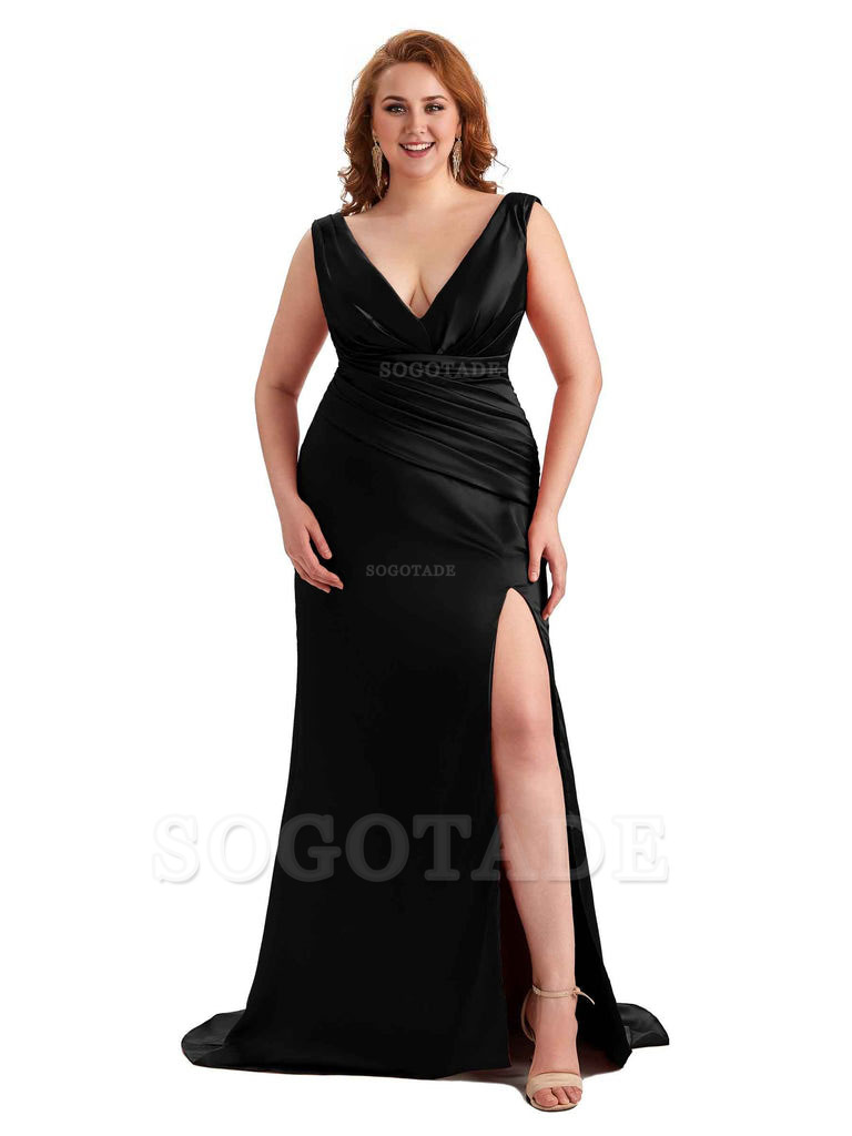 Elegant V-neck Side Slit Mermaid Soft Satin Long Plus Size Bridesmaid Dress For Wedding