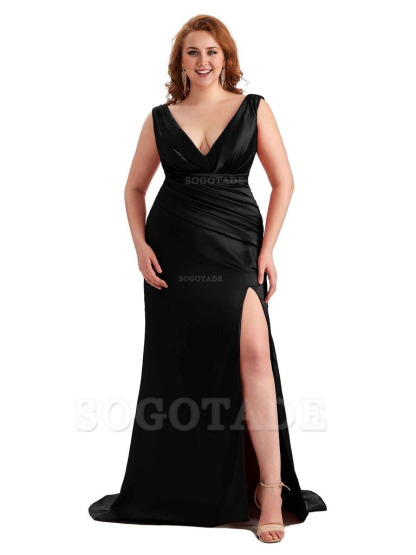 Elegant V-neck Side Slit Mermaid Soft Satin Long Plus Size Bridesmaid Dress For Wedding